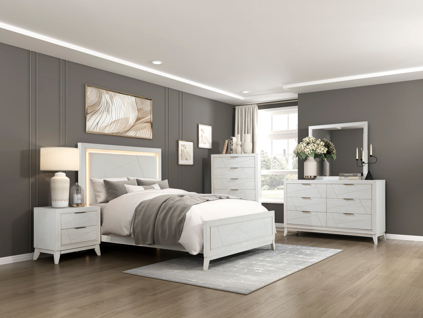 Asteria Queen Bed W/LED ANTIQUE WHITE