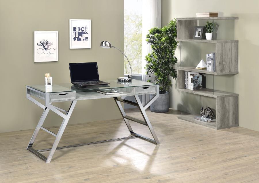 EMELLE 63-INCH 4-SHELF GLASS PANEL BOOKSHELF GREY DRIFTWOOD