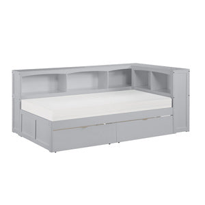 OrionTwin Bookcase Corner Platform Bed with Storage Boxes GREY