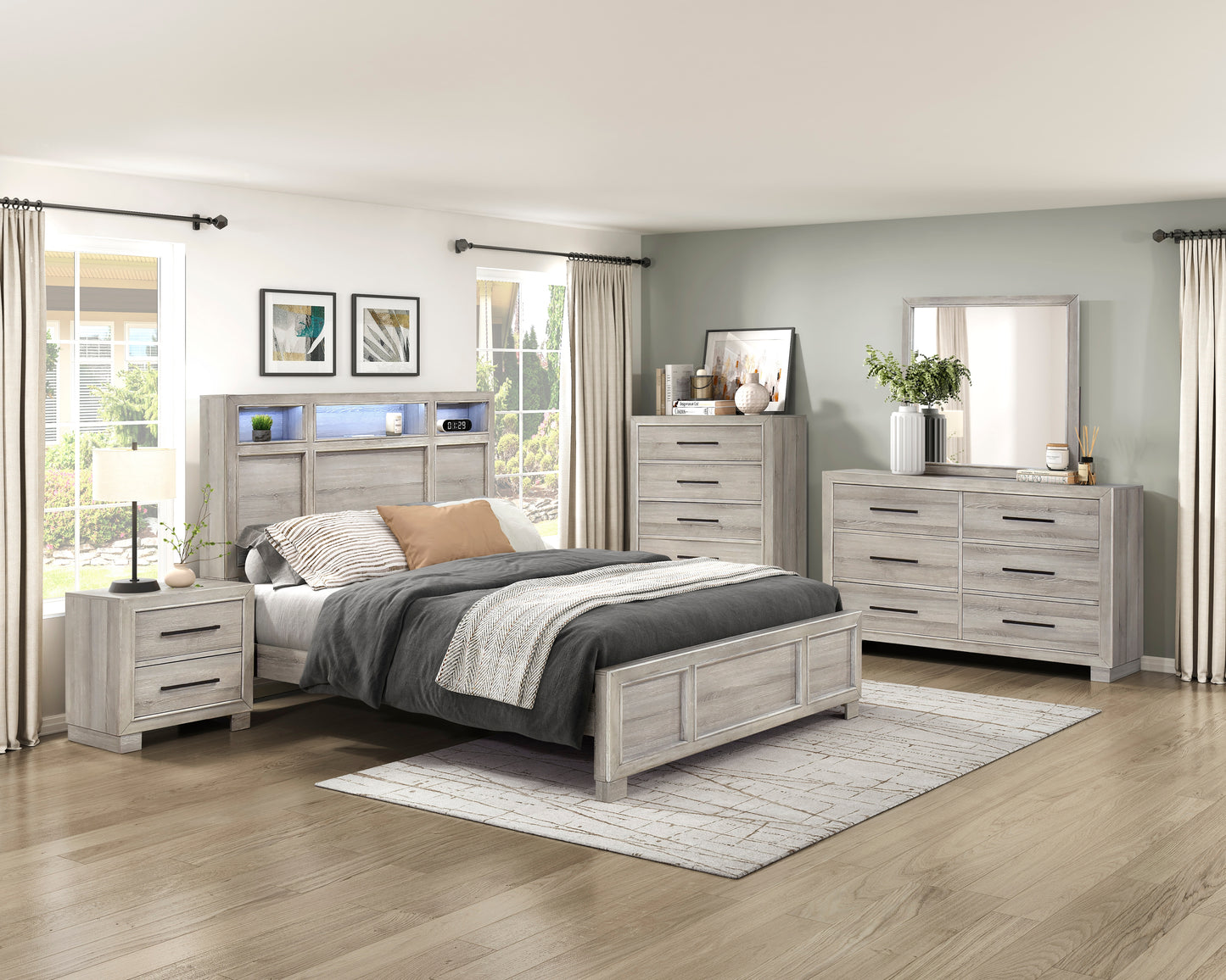 Everett Queen Bed W/LED, Bluetooth Speaker, Usb Charge GREY