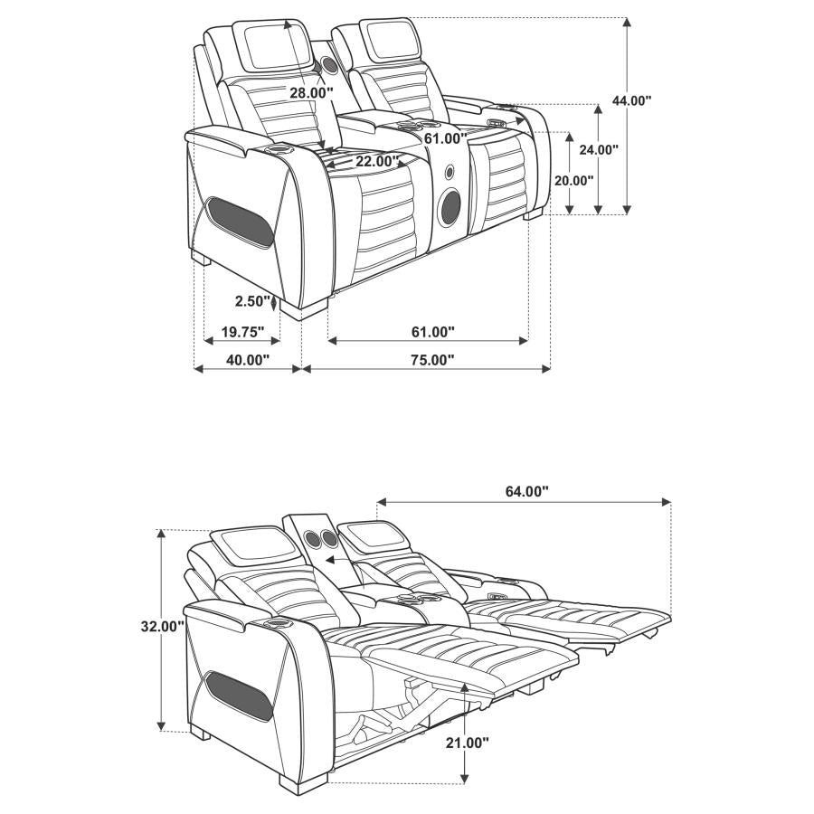 Zuma Power Reclining Loveseat W/ Bluetooth Speaker/Led BLACK VINLY