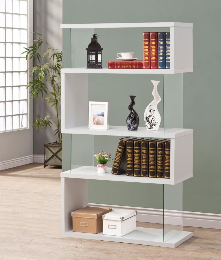 EMELLE 63-INCH 4-SHELF GLASS PANEL BOOKSHELF WHITE