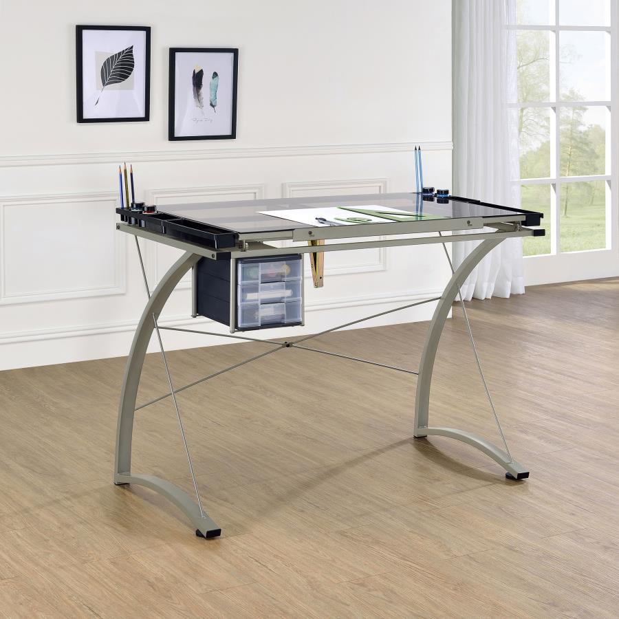 MELO 41-INCH GLASS TOP DRAFTING TABLE WITH STORAGE SILVER
