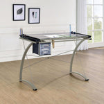 MELO 41-INCH GLASS TOP DRAFTING TABLE WITH STORAGE SILVER