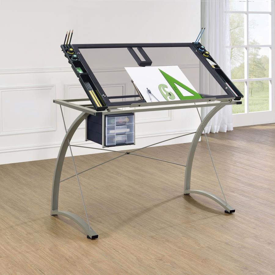 MELO 41-INCH GLASS TOP DRAFTING TABLE WITH STORAGE SILVER