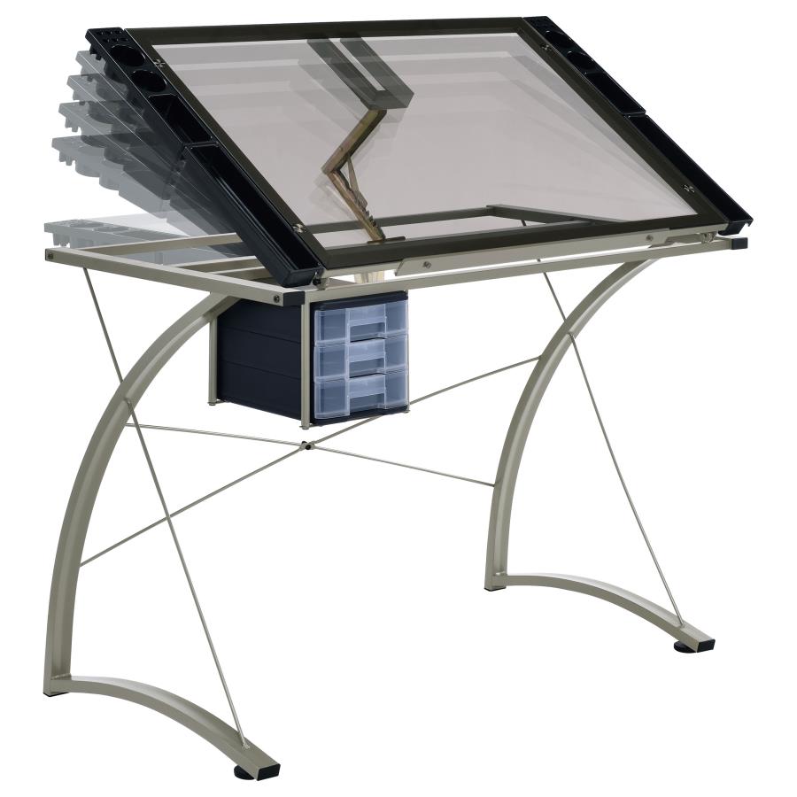 MELO 41-INCH GLASS TOP DRAFTING TABLE WITH STORAGE SILVER