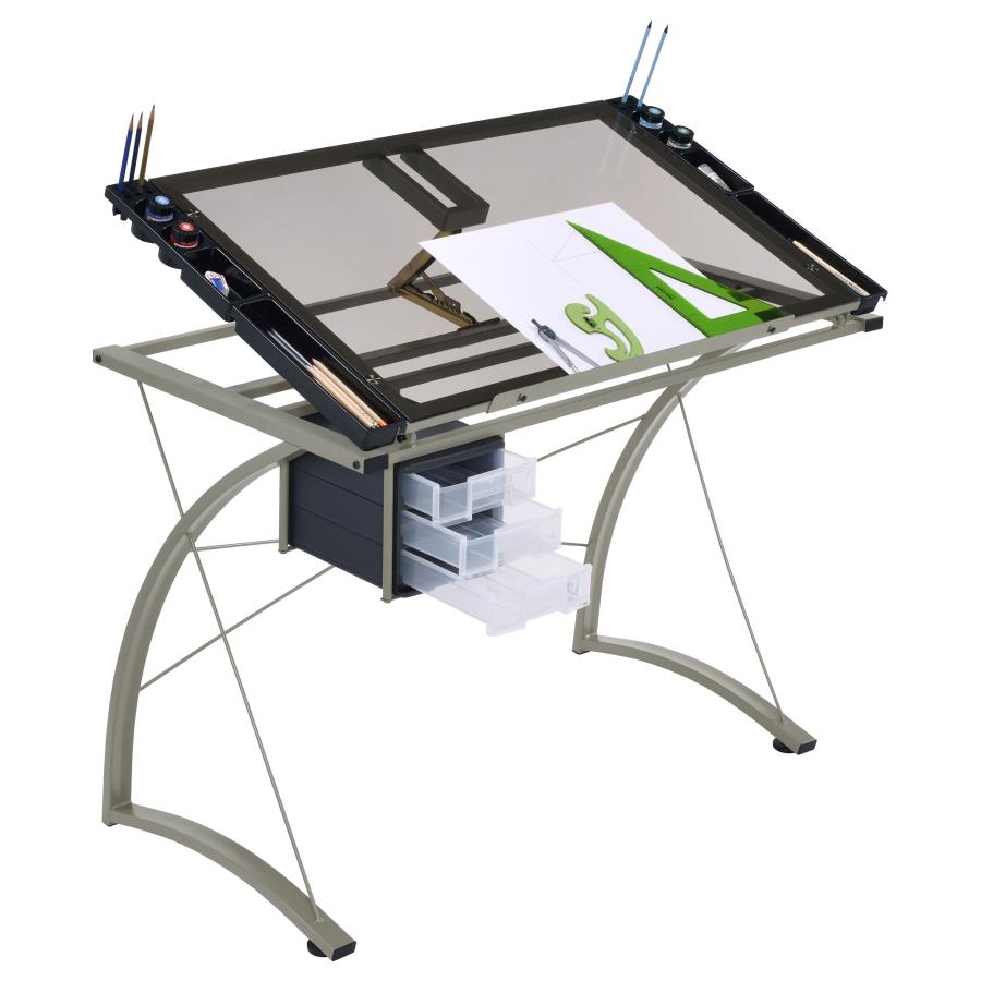 MELO 41-INCH GLASS TOP DRAFTING TABLE WITH STORAGE SILVER