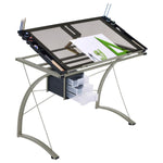 MELO 41-INCH GLASS TOP DRAFTING TABLE WITH STORAGE SILVER