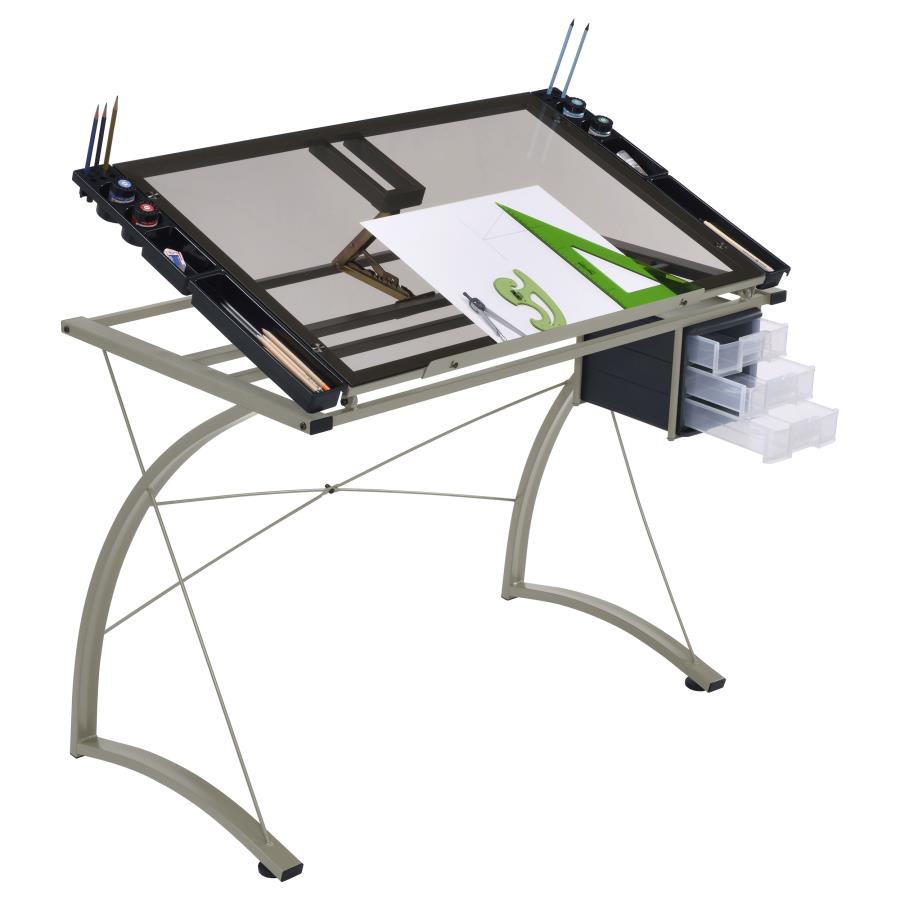 MELO 41-INCH GLASS TOP DRAFTING TABLE WITH STORAGE SILVER