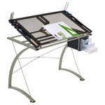MELO 41-INCH GLASS TOP DRAFTING TABLE WITH STORAGE SILVER