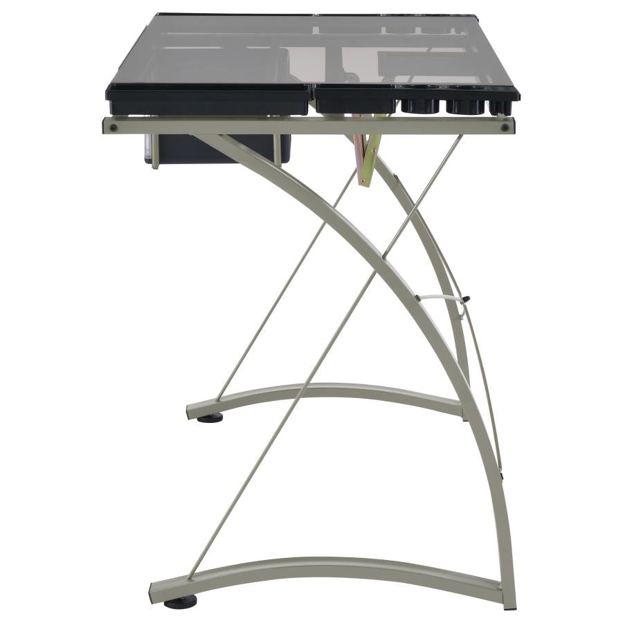 MELO 41-INCH GLASS TOP DRAFTING TABLE WITH STORAGE SILVER
