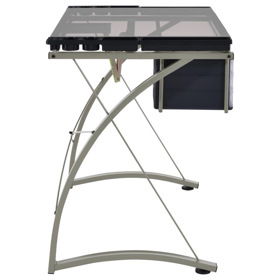 MELO 41-INCH GLASS TOP DRAFTING TABLE WITH STORAGE SILVER