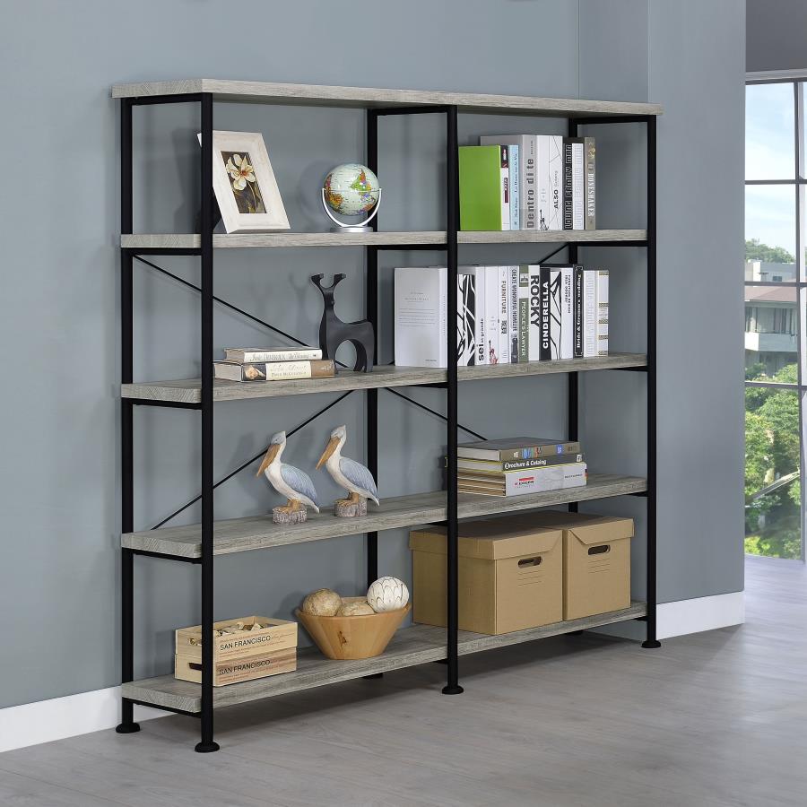 ANALIESE 63-INCH 4-SHELF DOUBLE BOOKSHELF GREY DRIFTWOOD