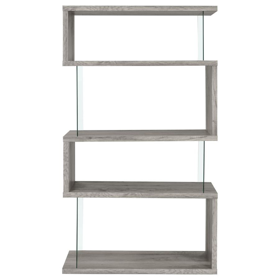 EMELLE 63-INCH 4-SHELF GLASS PANEL BOOKSHELF GREY DRIFTWOOD