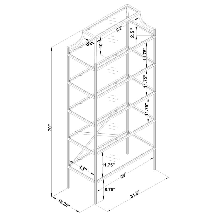 SERENA 70-INCH 5-SHELF GLASS BOOKSHELF GOLD
