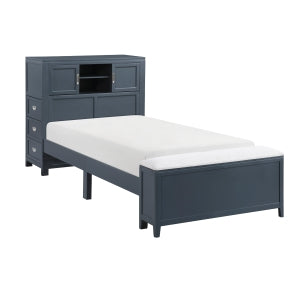 SloaneTwin Bookcase Platform Bed with Hidden Desk, Stool and Storage Bench NAVY BLUE