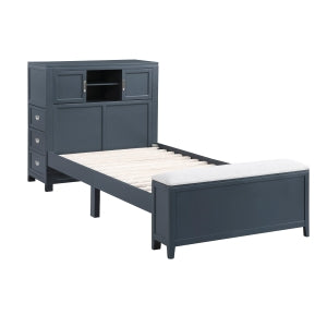 SloaneTwin Bookcase Platform Bed with Hidden Desk, Stool and Storage Bench NAVY BLUE