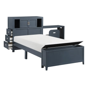 SloaneTwin Bookcase Platform Bed with Hidden Desk, Stool and Storage Bench NAVY BLUE
