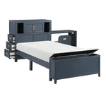SloaneTwin Bookcase Platform Bed with Hidden Desk, Stool and Storage Bench NAVY BLUE