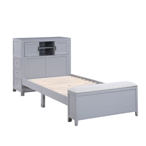 Sloane Twin Bookcase Platform Bed with Hidden Desk, Stool and Storage Bench SMOKE GREY