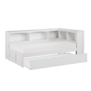 Galen Twin Bookcase Corner Platform Bed with Twin Trundle WHITE