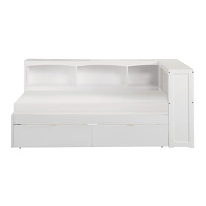 GalenTwin Bookcase Corner Platform Bed with Storage Boxes WHITE