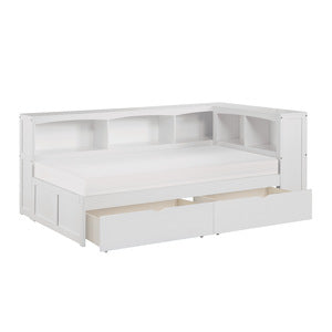 GalenTwin Bookcase Corner Platform Bed with Storage Boxes WHITE
