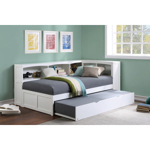 Galen Twin Bookcase Corner Platform Bed with Twin Trundle WHITE