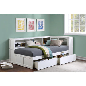 GalenTwin Bookcase Corner Platform Bed with Storage Boxes WHITE