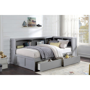 OrionTwin Bookcase Corner Platform Bed with Storage Boxes GREY