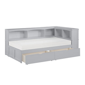 OrionTwin Bookcase Corner Platform Bed with Storage Boxes GREY