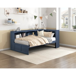 NoraTwin Bookcase Corner Platform Bed BLUE