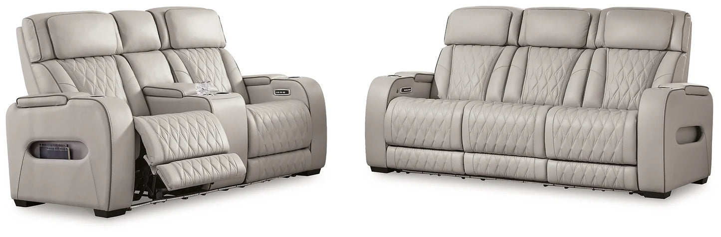 Boyington Dual Power Leather Reclining Loveseat with Console GREY LEATHER