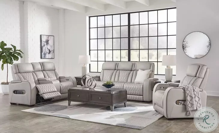 Boyington Dual Power Leather Reclining Loveseat with Console GREY LEATHER